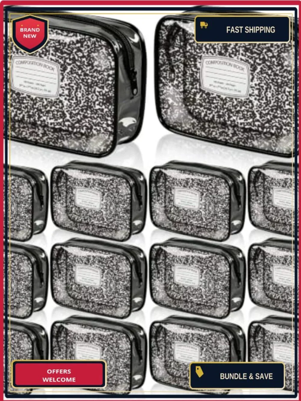 12 Pack Clear PVC Waterproof Cosmetic Bags, Composition Book Zipper Pouches,